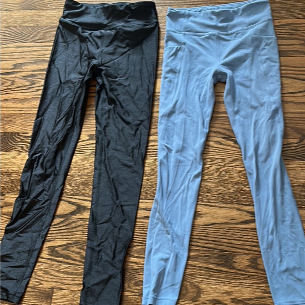 Athleta girls full length leggings, shiny black and gray, size 12